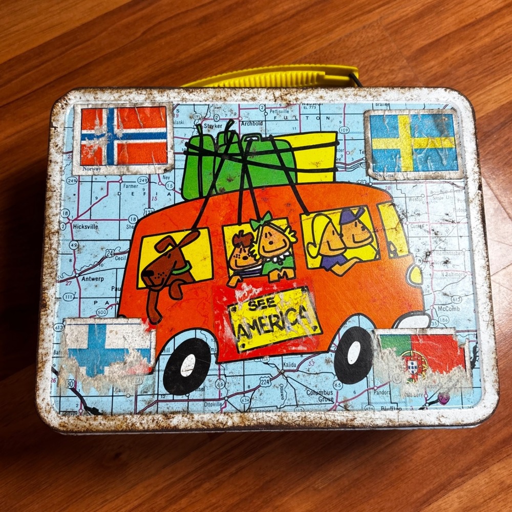 Vintage See America Metal‎ Lunchbox, Cartoon Travel Van, Map Background